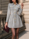 Vintage Gold-Button Faux Suede Pleated Shirt Dress