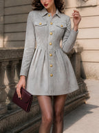 Vintage Gold-Button Faux Suede Pleated Shirt Dress