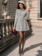 Vintage Gold-Button Faux Suede Pleated Shirt Dress