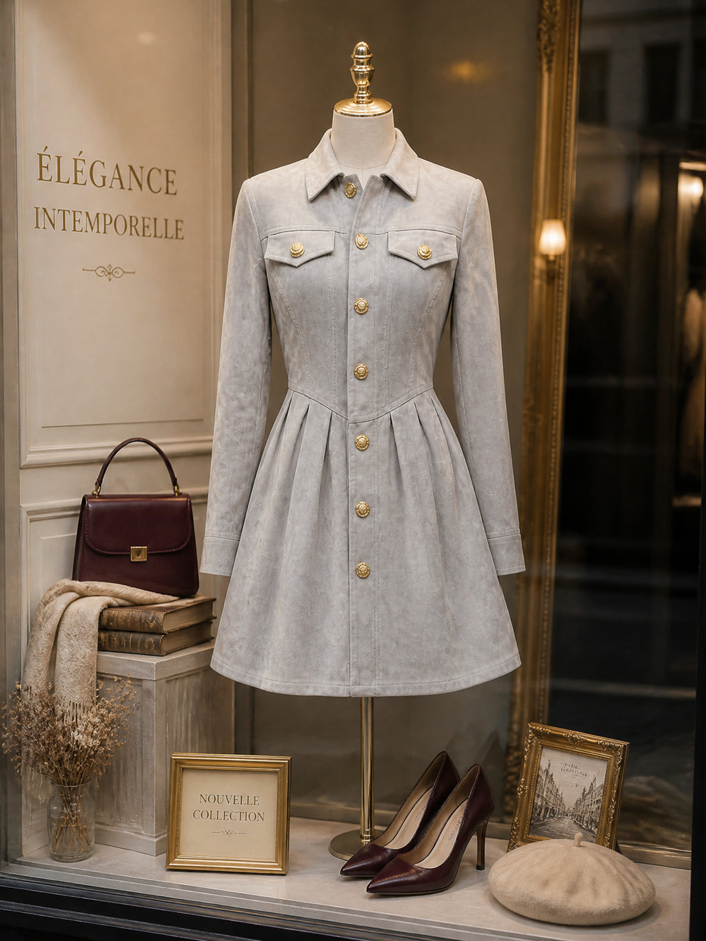 Vintage Gold-Button Faux Suede Pleated Shirt Dress