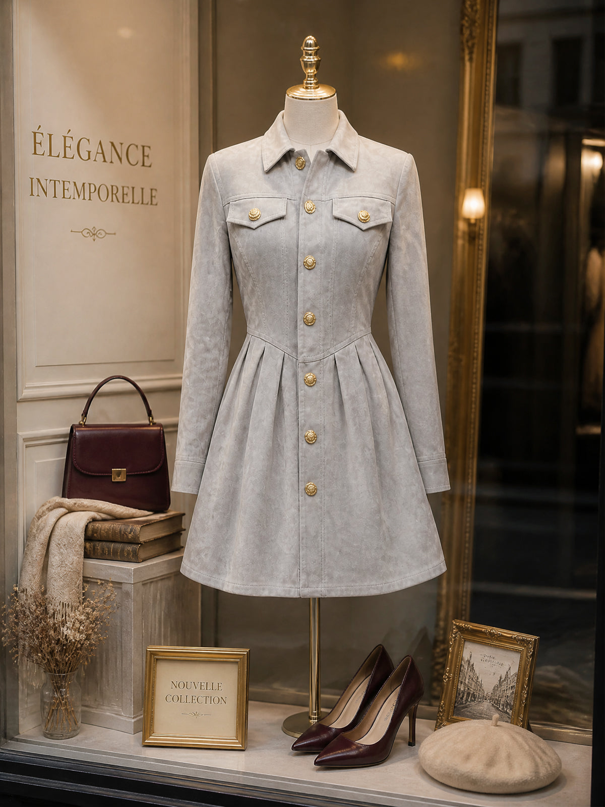 Vintage Gold-Button Faux Suede Pleated Shirt Dress