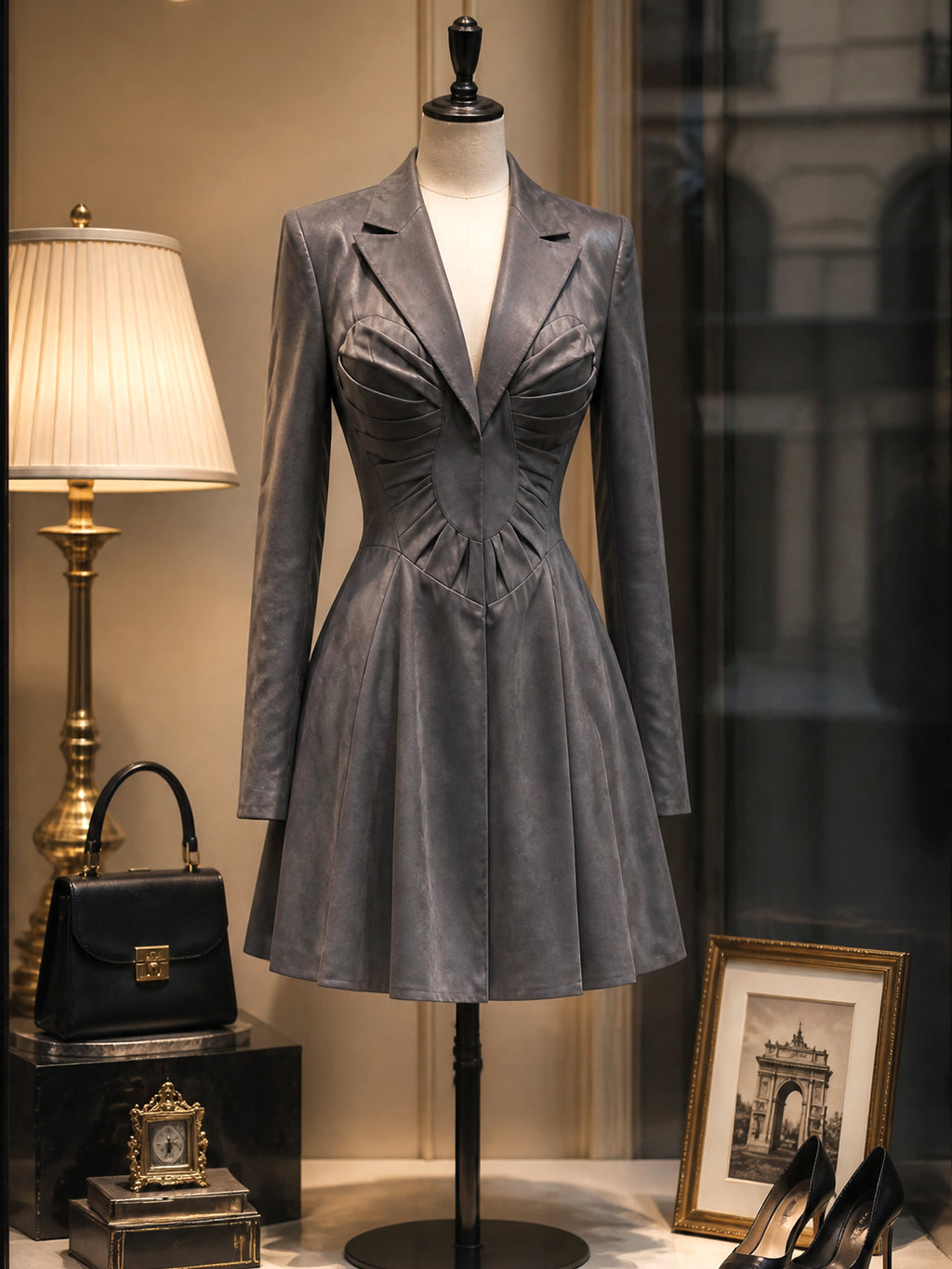 Vintage Gray Pleated Lapel Mini Dress