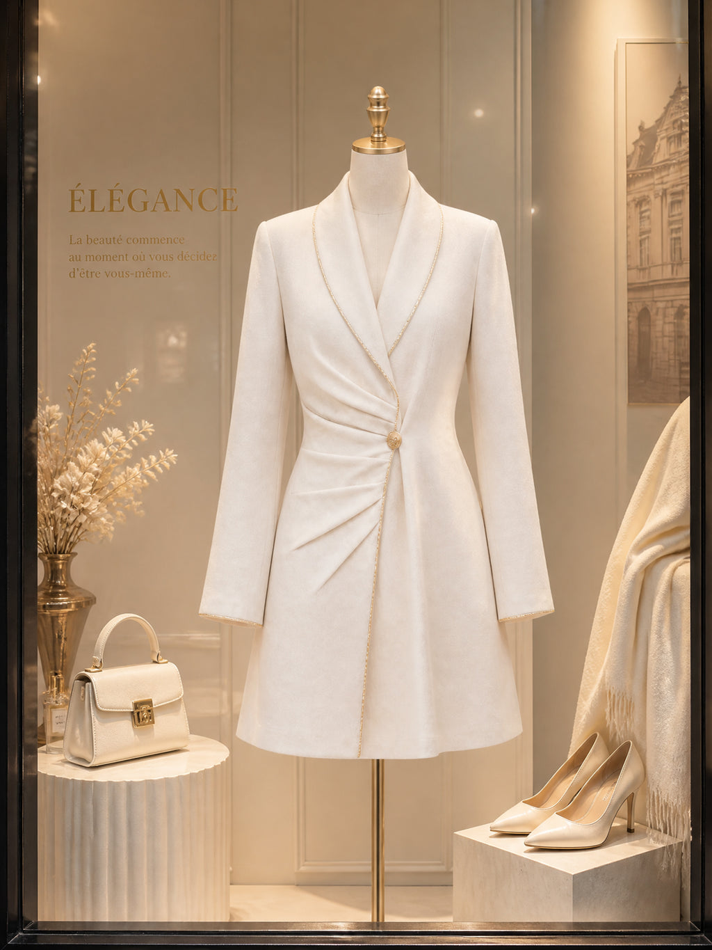 Vintage Gold-Trim Ruched Wool-Blend Blazer Dress