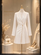 Vintage Gold-Trim Ruched Wool-Blend Blazer Dress