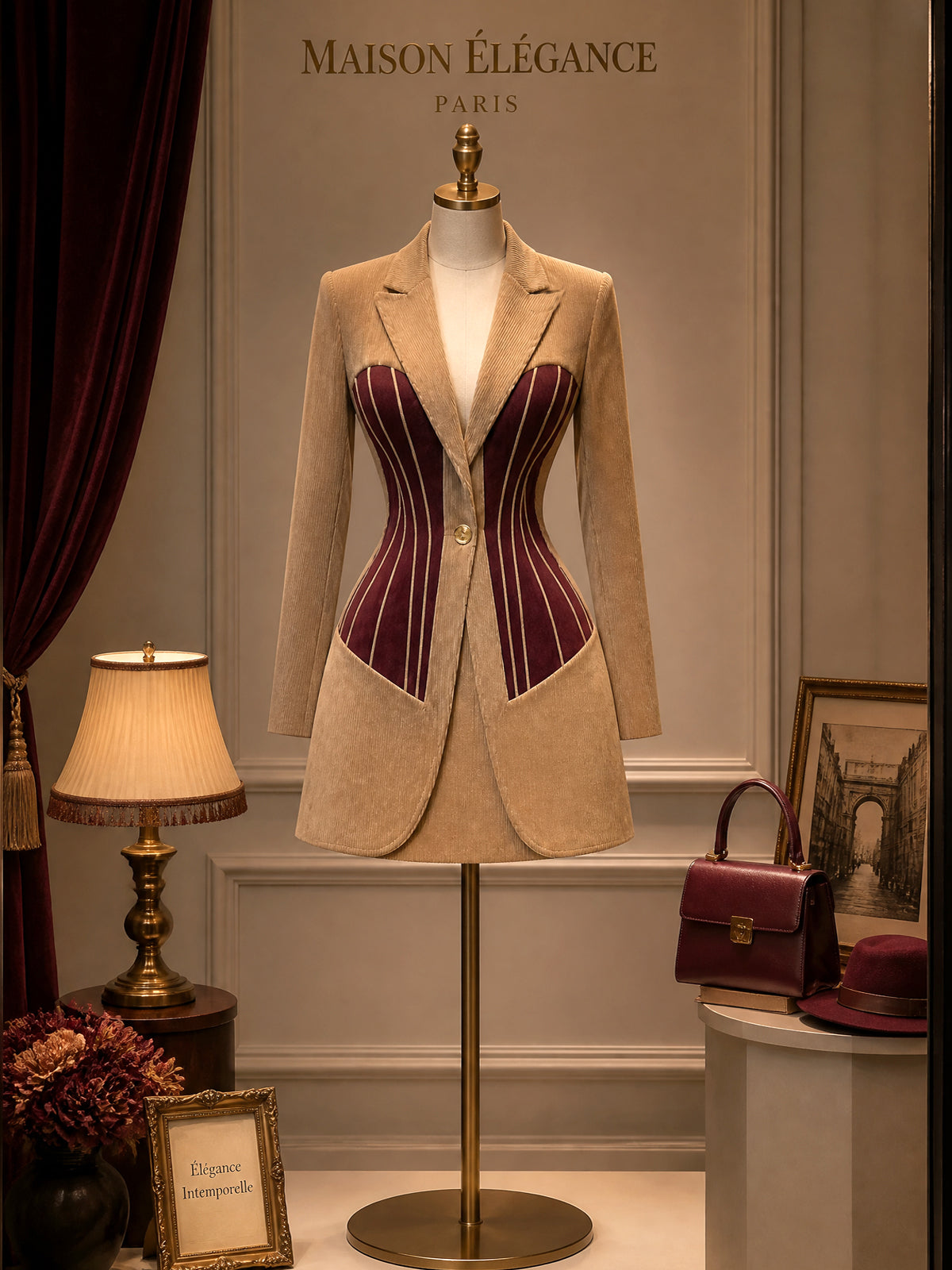 Vintage Corset Panel Corduroy Blazer Mini Dress