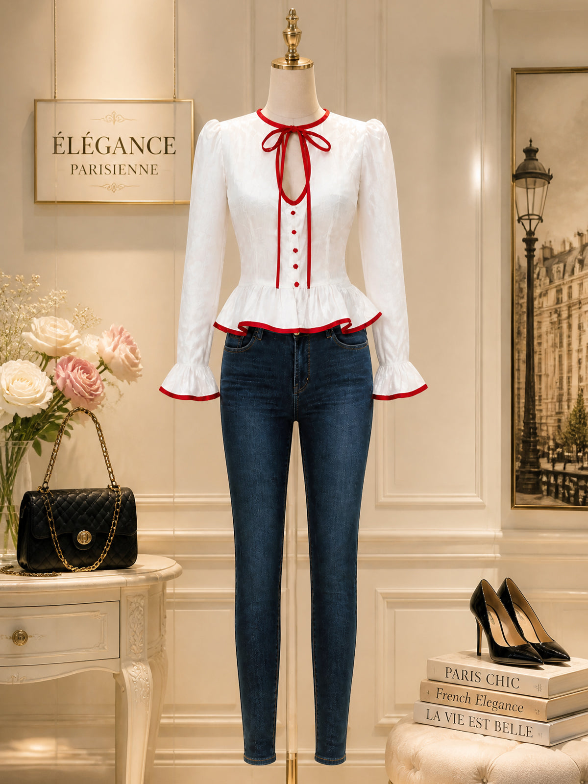 Vintage Red-Trim Velvet Tie-Neck Peplum Blouse