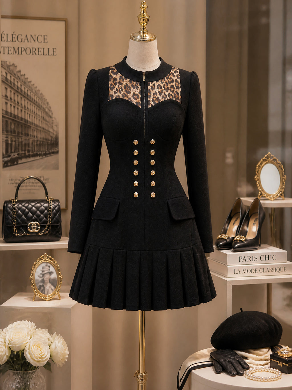 Vintage Leopard Pleated Mini Dress