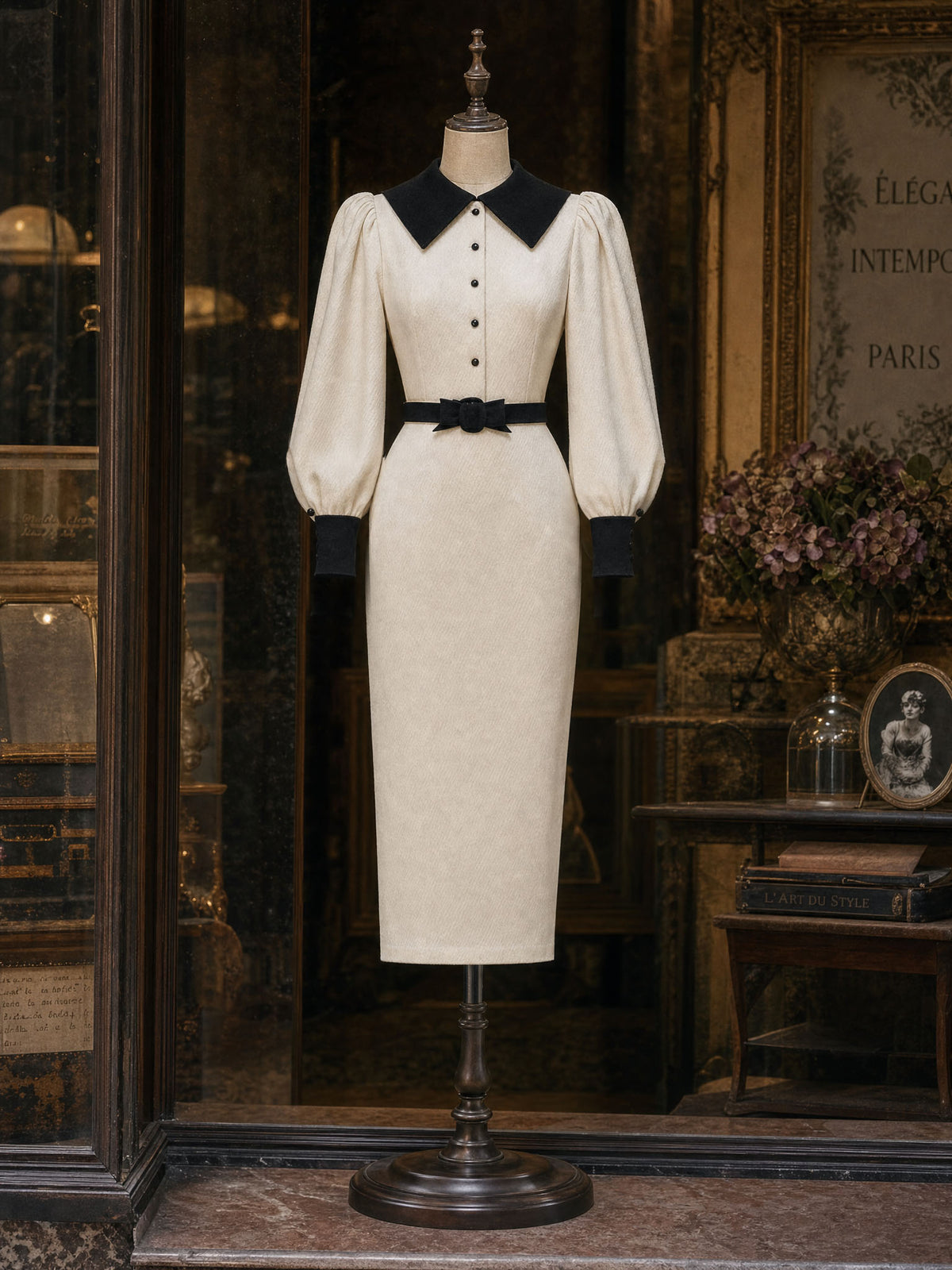 Vintage Contrast Color Puff Sleeve Lapel Bodycon Midi Dress