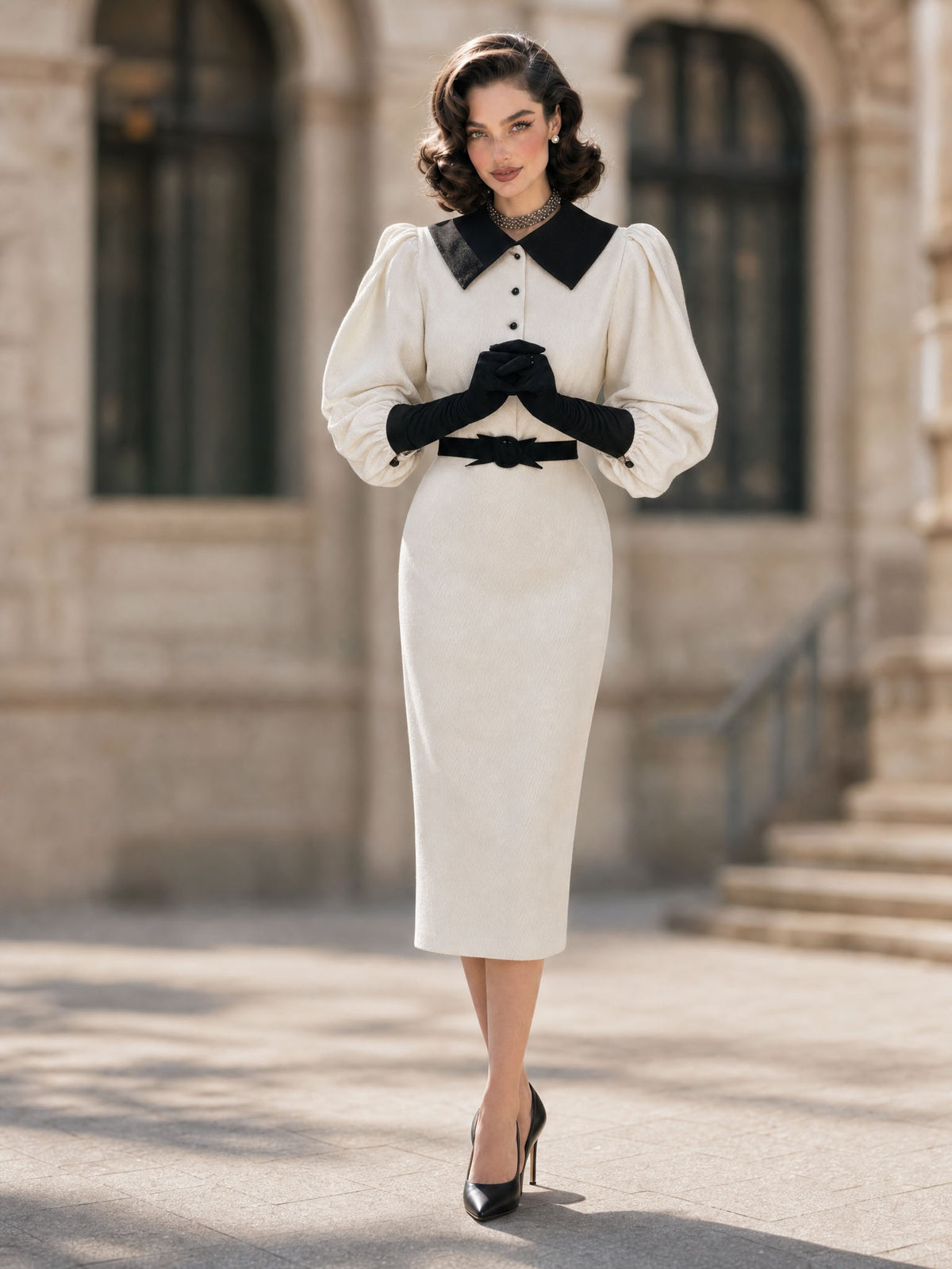 Vintage Contrast Color Puff Sleeve Lapel Bodycon Midi Dress