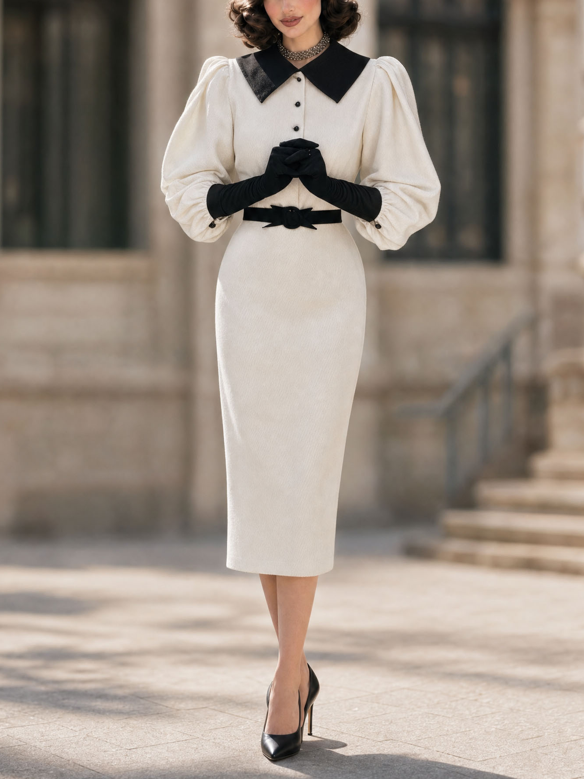 Vintage Contrast Color Puff Sleeve Lapel Bodycon Midi Dress