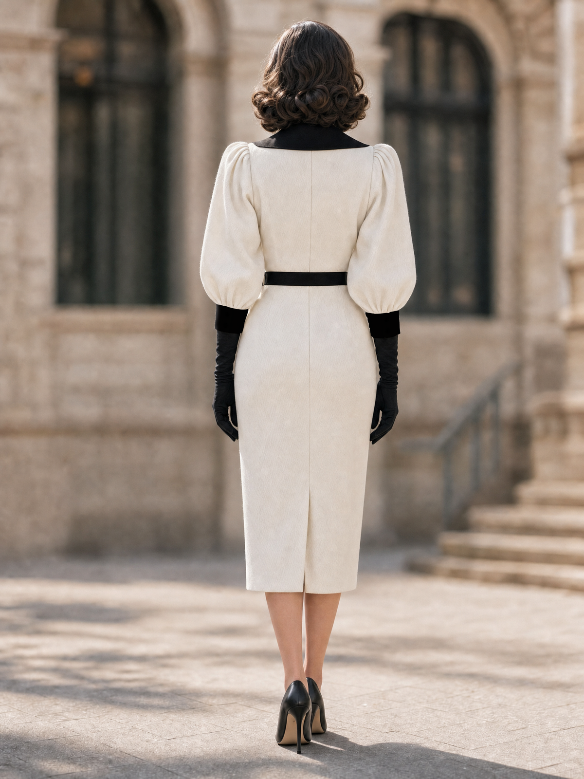 Vintage Contrast Color Puff Sleeve Lapel Bodycon Midi Dress