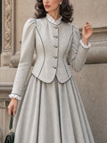 Vintage Piped Stand-Collar Puff-Sleeve Fitted Jacket