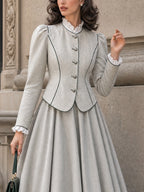 Vintage Piped Stand-Collar Puff-Sleeve Fitted Jacket