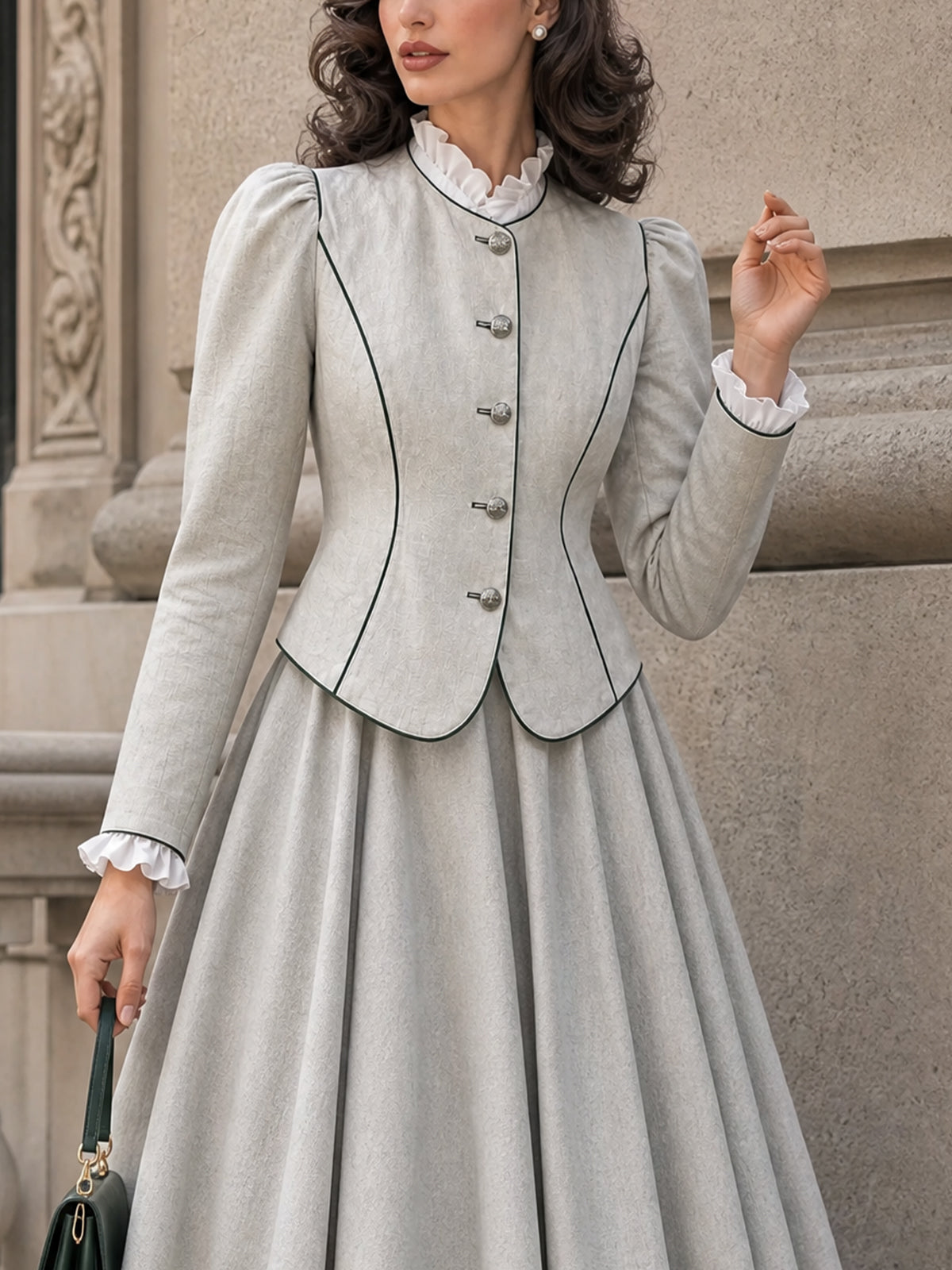 Vintage Piped Stand-Collar Puff-Sleeve Fitted Jacket