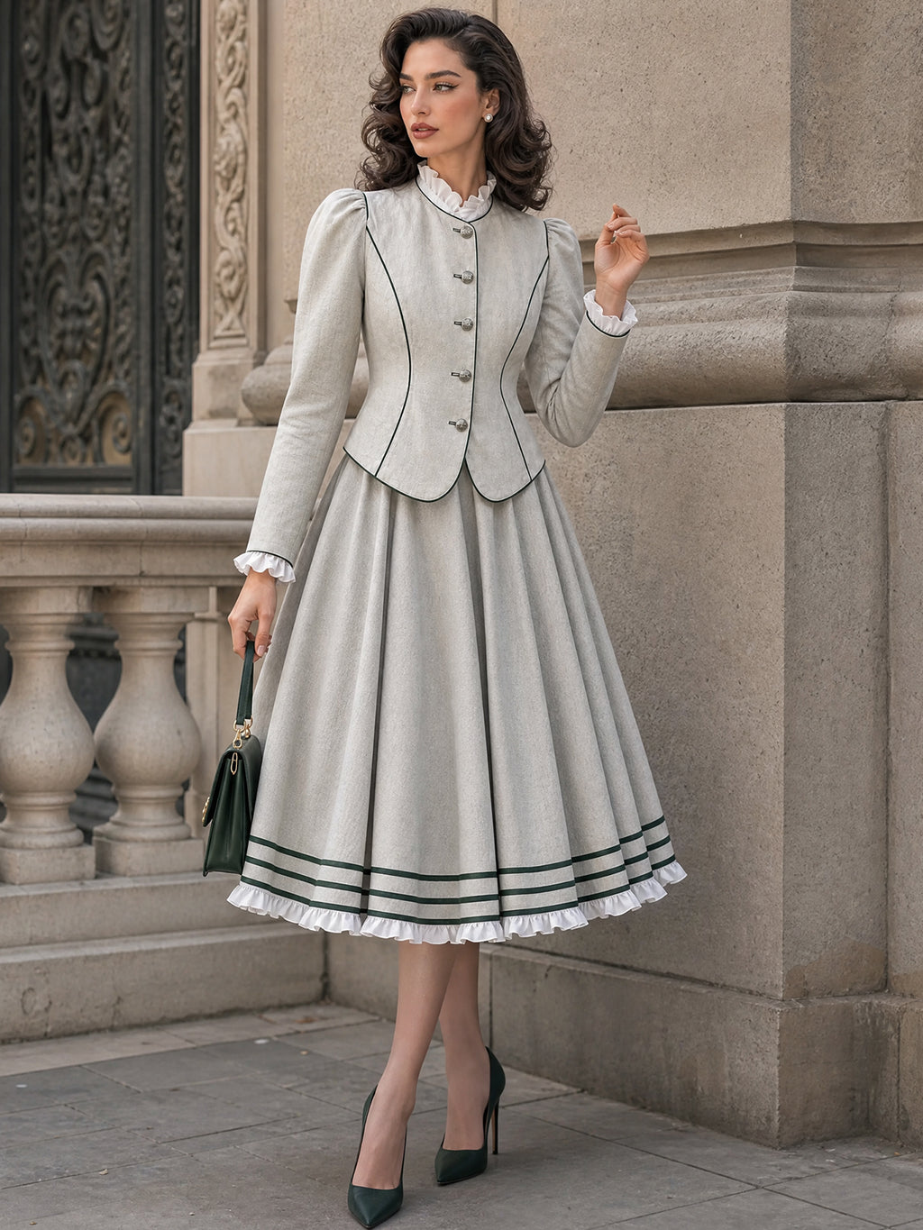 Vintage Piped Stand-Collar Puff-Sleeve Fitted Jacket