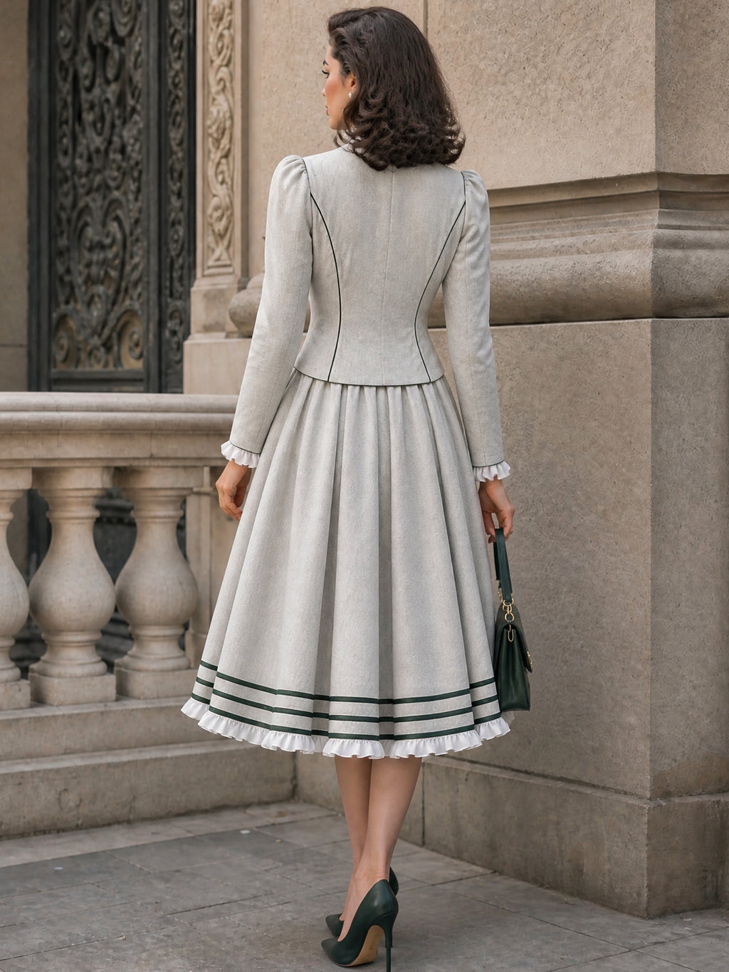 Vintage Piped Stand-Collar Puff-Sleeve Fitted Jacket