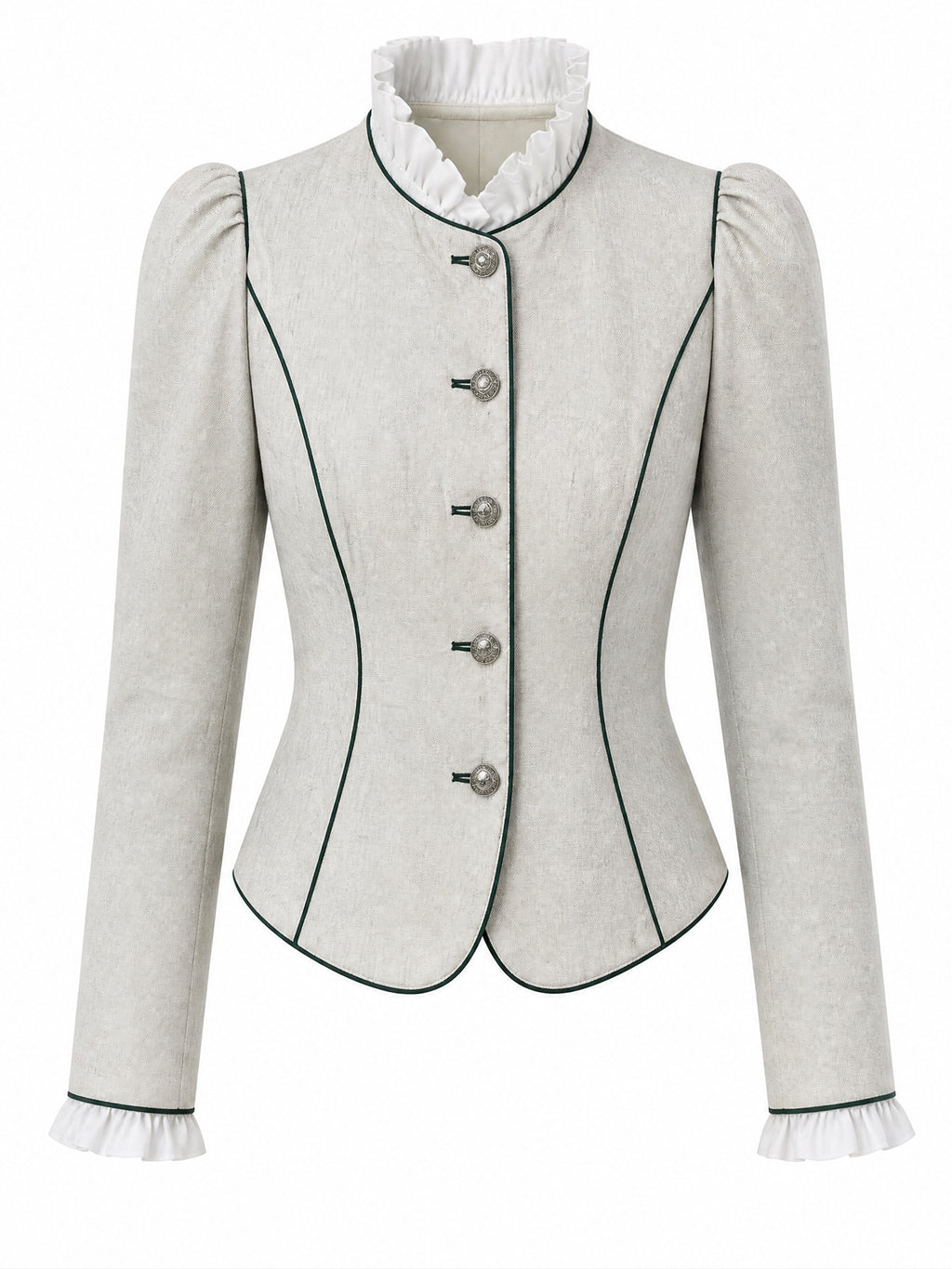 Vintage Piped Stand-Collar Puff-Sleeve Fitted Jacket