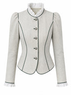 Vintage Piped Stand-Collar Puff-Sleeve Fitted Jacket