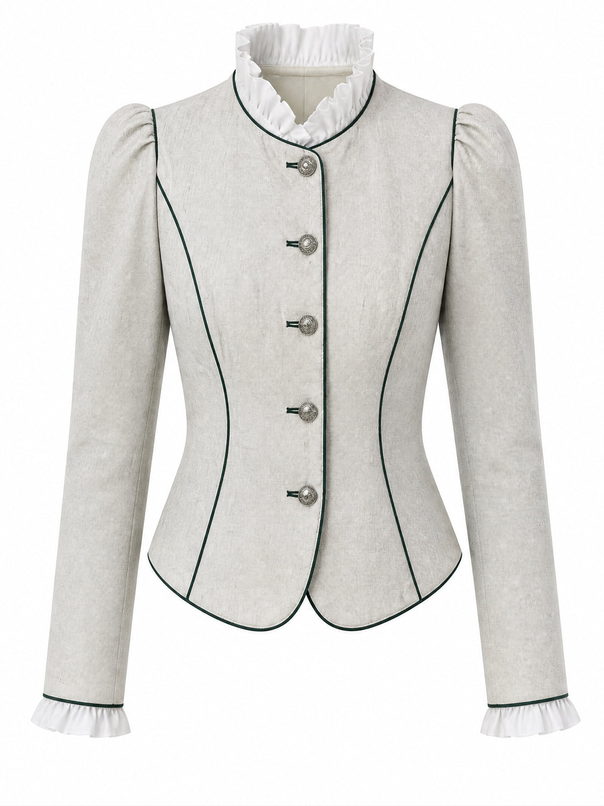 Vintage Piped Stand-Collar Puff-Sleeve Fitted Jacket