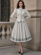 Vintage Piped Stand-Collar Puff-Sleeve Fitted Jacket
