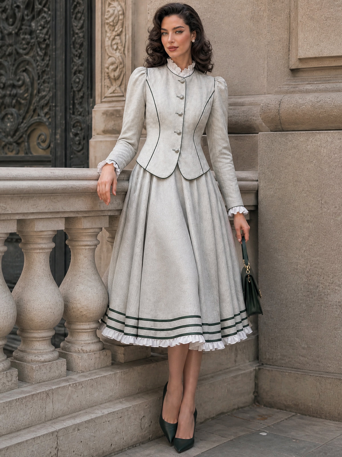 Vintage Piped Stand-Collar Puff-Sleeve Fitted Jacket