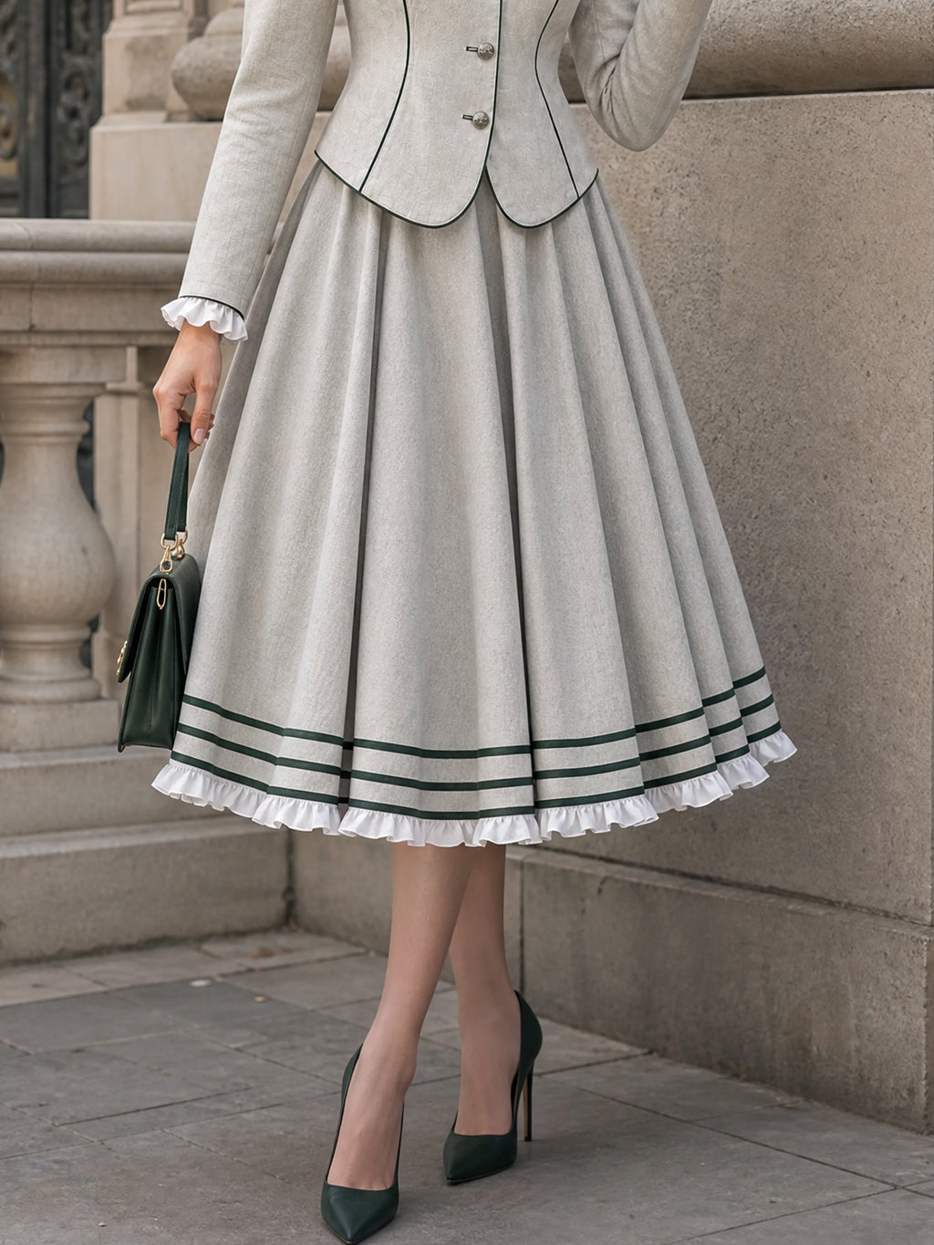 Vintage Striped-Hem Ruffle Flared Midi Skirt