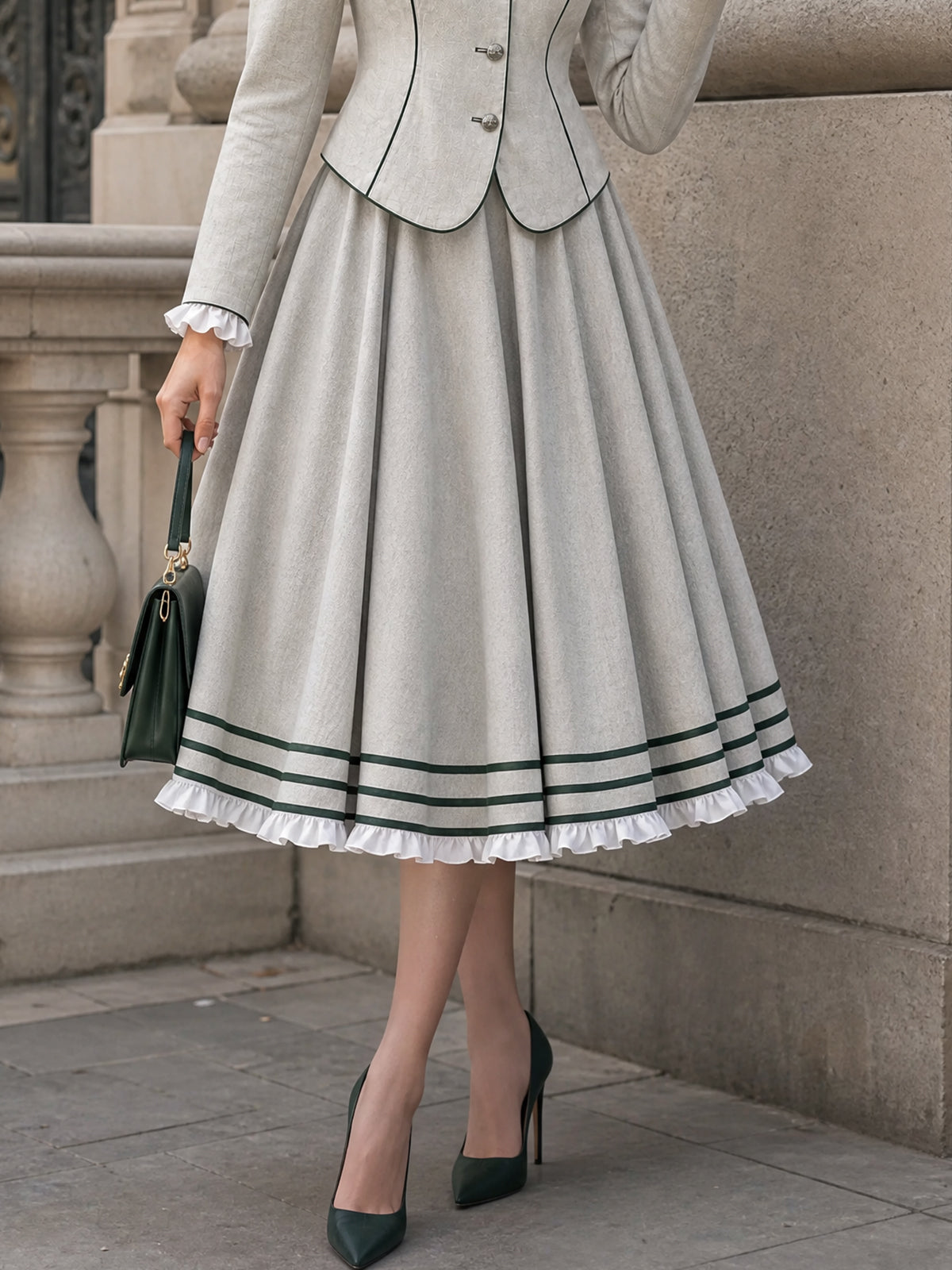 Vintage Striped-Hem Ruffle Flared Midi Skirt