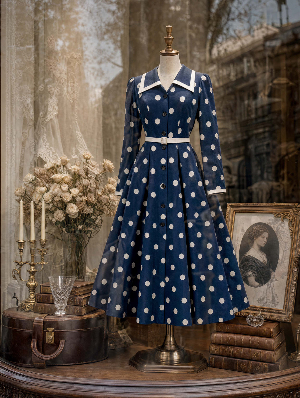 Retro Navy Polka Dot Midi Shirt Dress