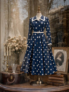 Retro Navy Polka Dot Midi Shirt Dress
