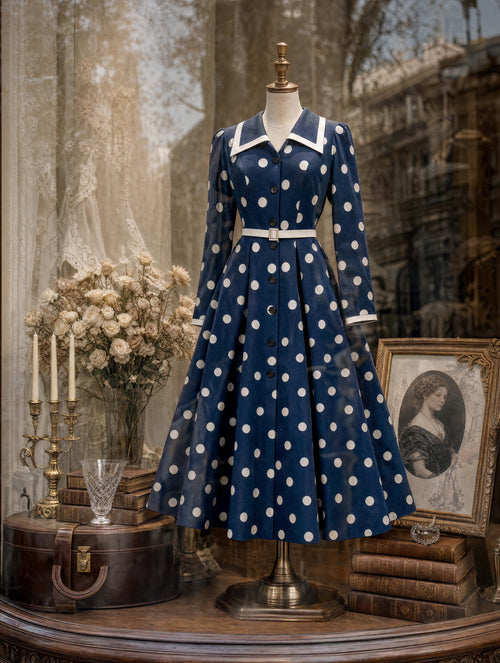 Retro Navy Polka Dot Midi Shirt Dress