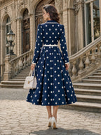 Retro Navy Polka Dot Midi Shirt Dress