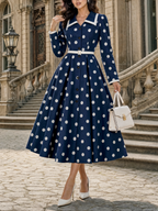 Retro Navy Polka Dot Midi Shirt Dress