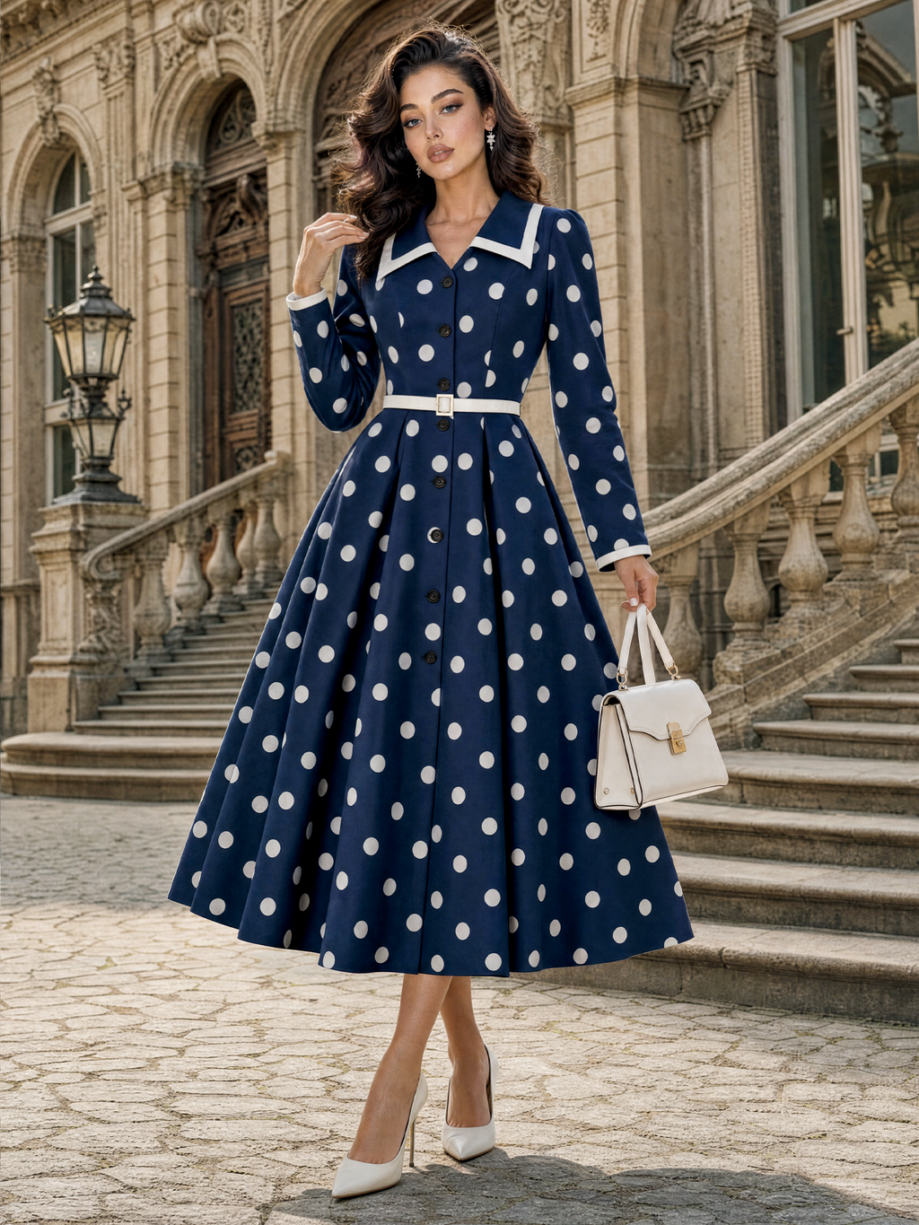 Retro Navy Polka Dot Midi Shirt Dress