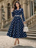 Retro Navy Polka Dot Midi Shirt Dress