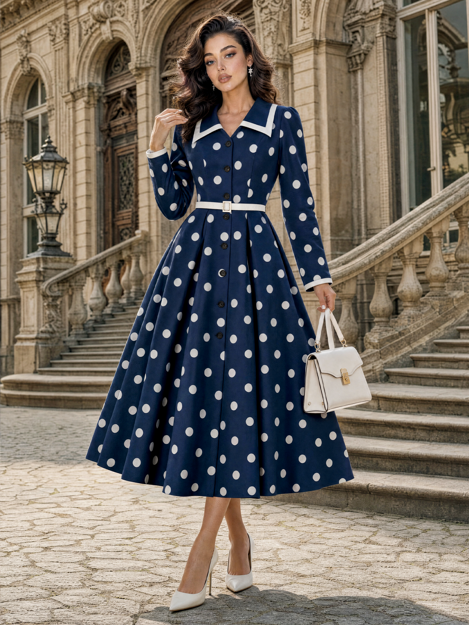 Retro Navy Polka Dot Midi Shirt Dress