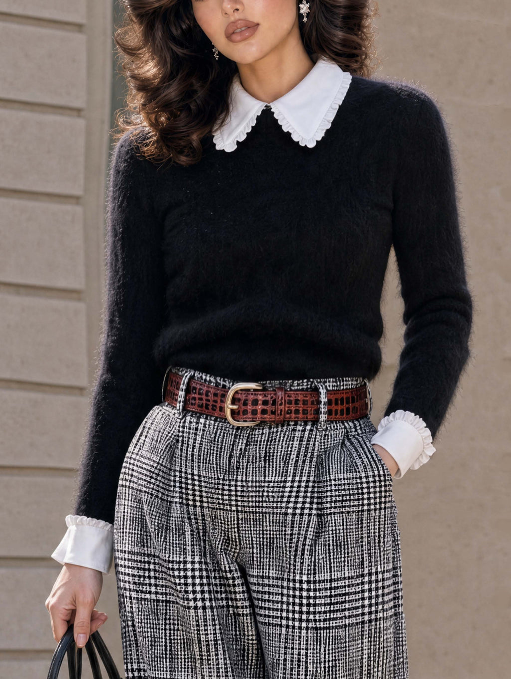 Retro Fuzzy Faux‑Layer Collared Sweater