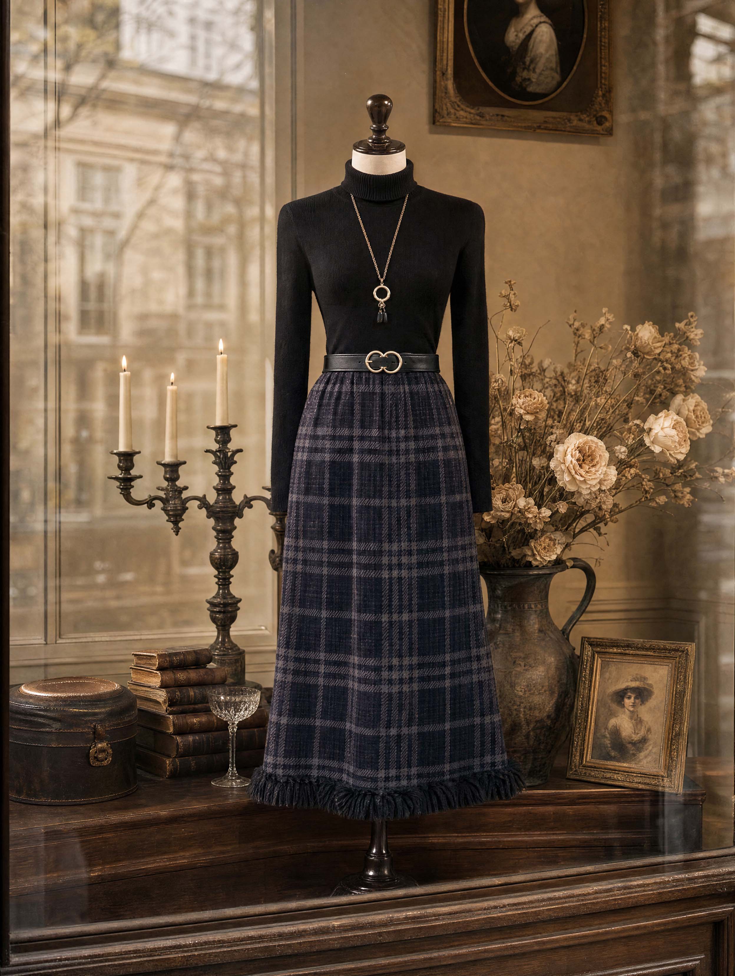 Retro Plaid Fringe Hem Midi Skirt