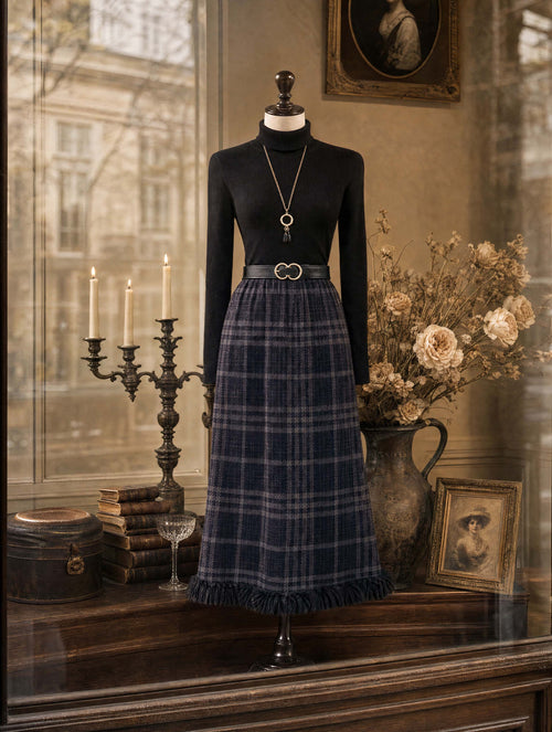 Retro Plaid Fringe Hem Midi Skirt
