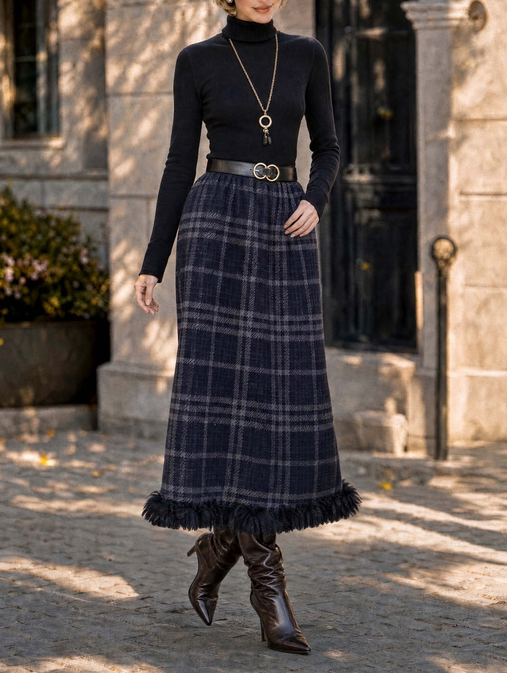 Retro Plaid Fringe Hem Midi Skirt