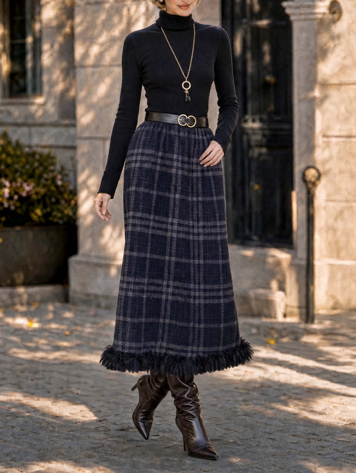 Retro Plaid Fringe Hem Midi Skirt