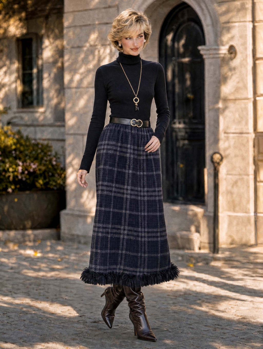 Retro Plaid Fringe Hem Midi Skirt