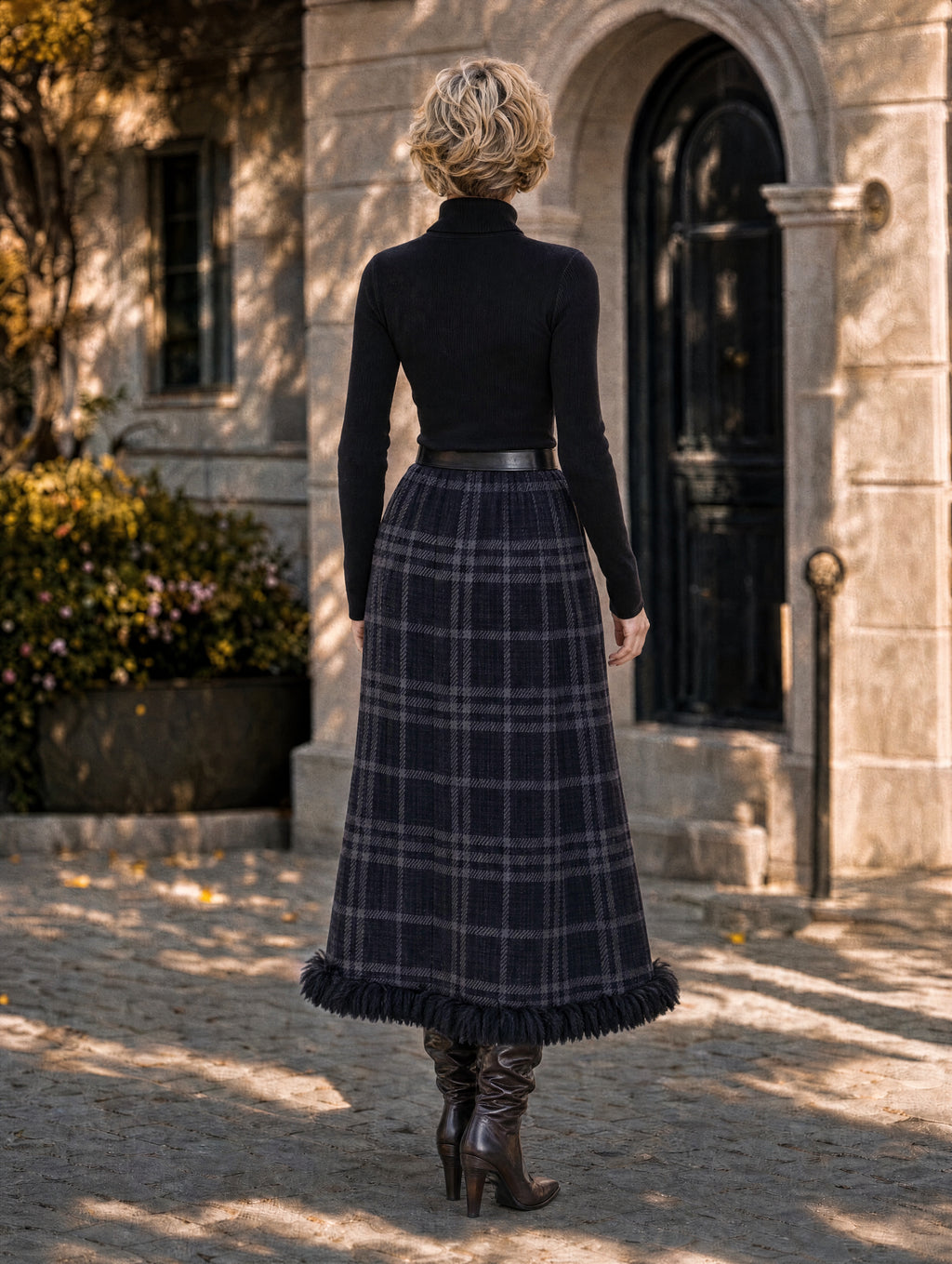 Retro Plaid Fringe Hem Midi Skirt