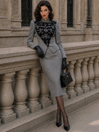 Vintage Gray Print Jacket Skirt Set