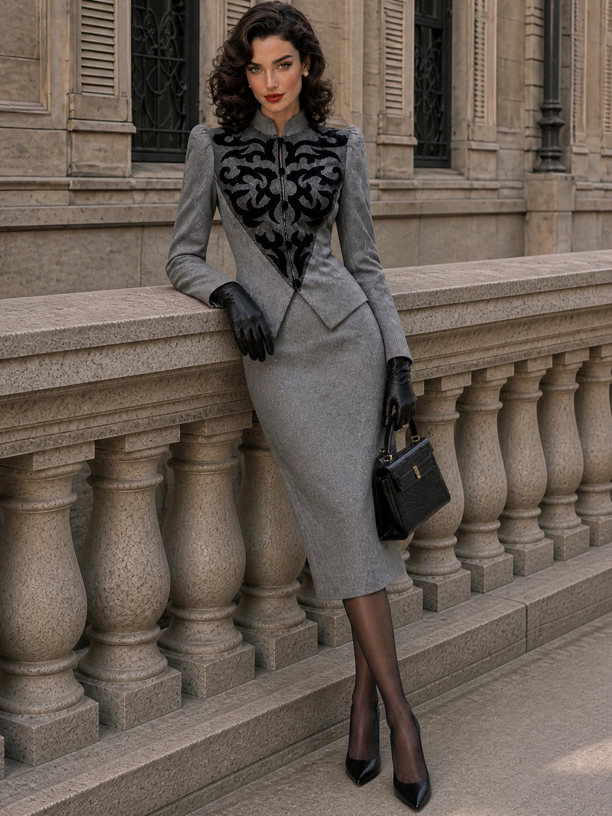Vintage Gray Print Jacket Skirt Set