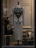 Vintage Gray Print Jacket Skirt Set