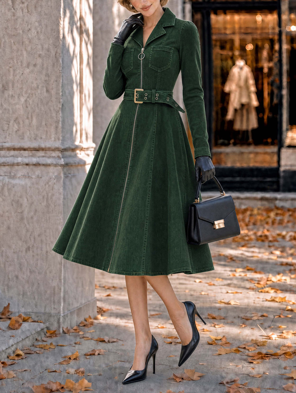 Vintage Green Belted Midi Shirt Dress