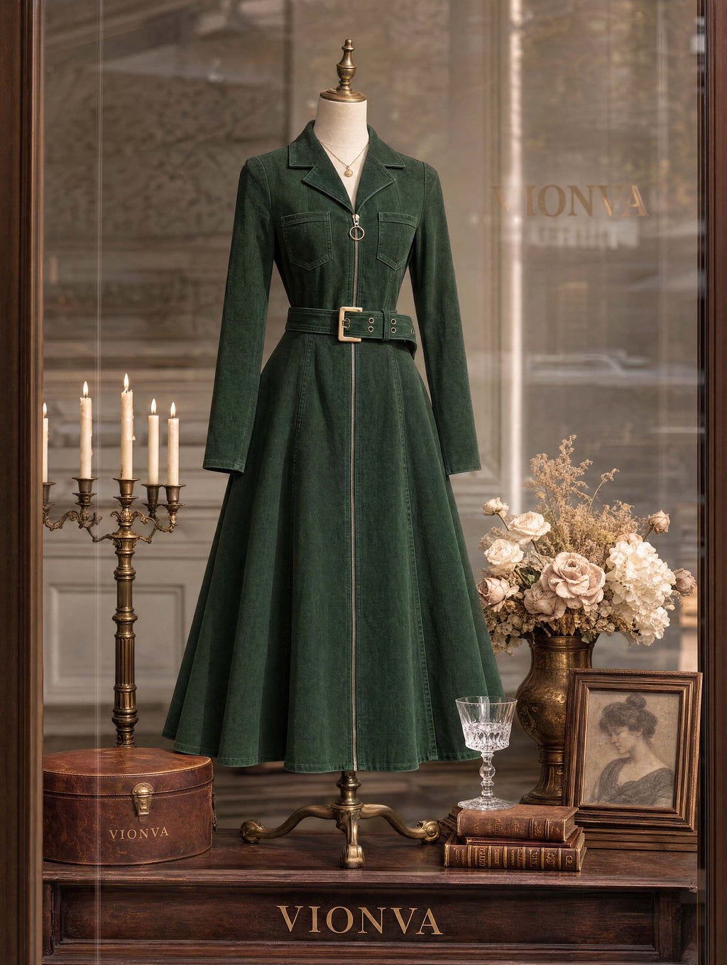 Vintage Green Belted Midi Shirt Dress