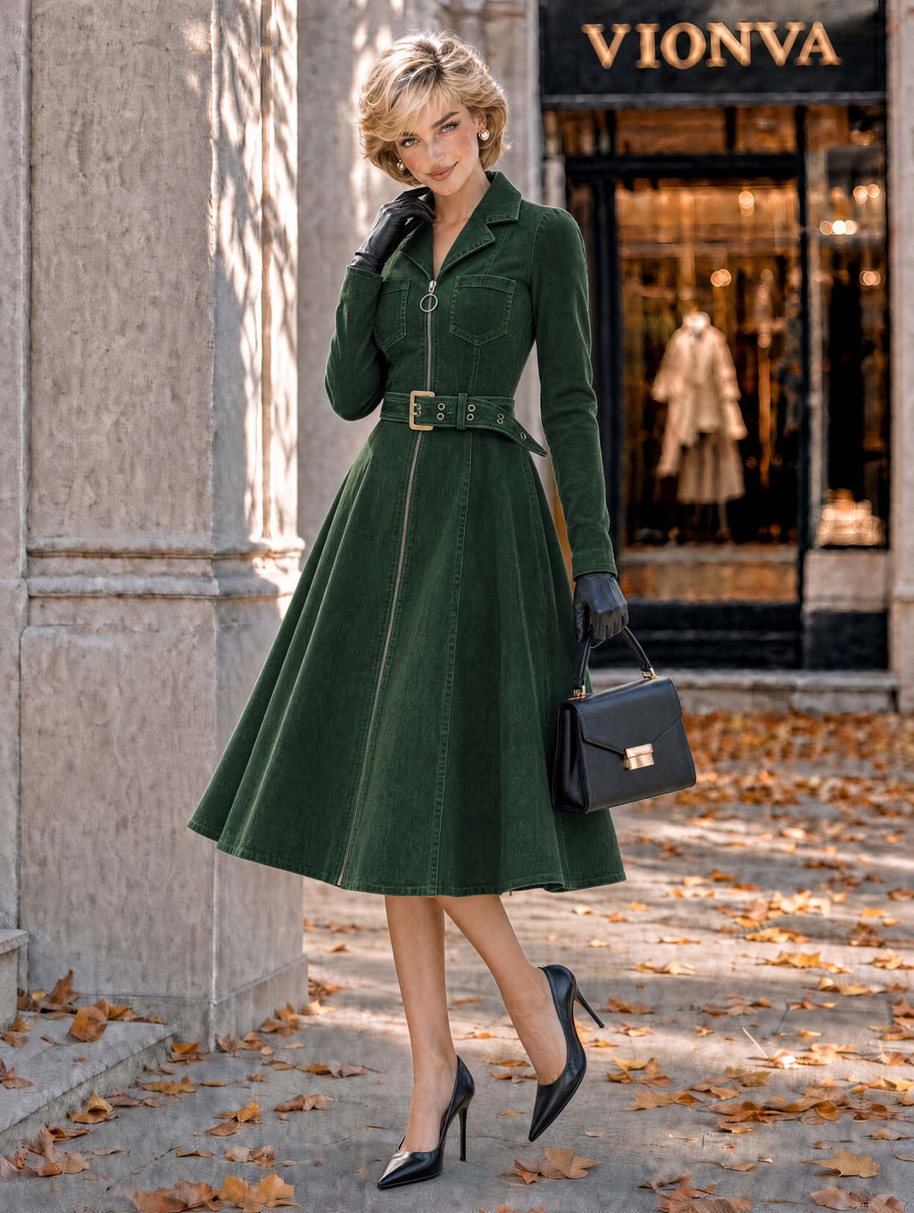 Vintage Green Belted Midi Shirt Dress