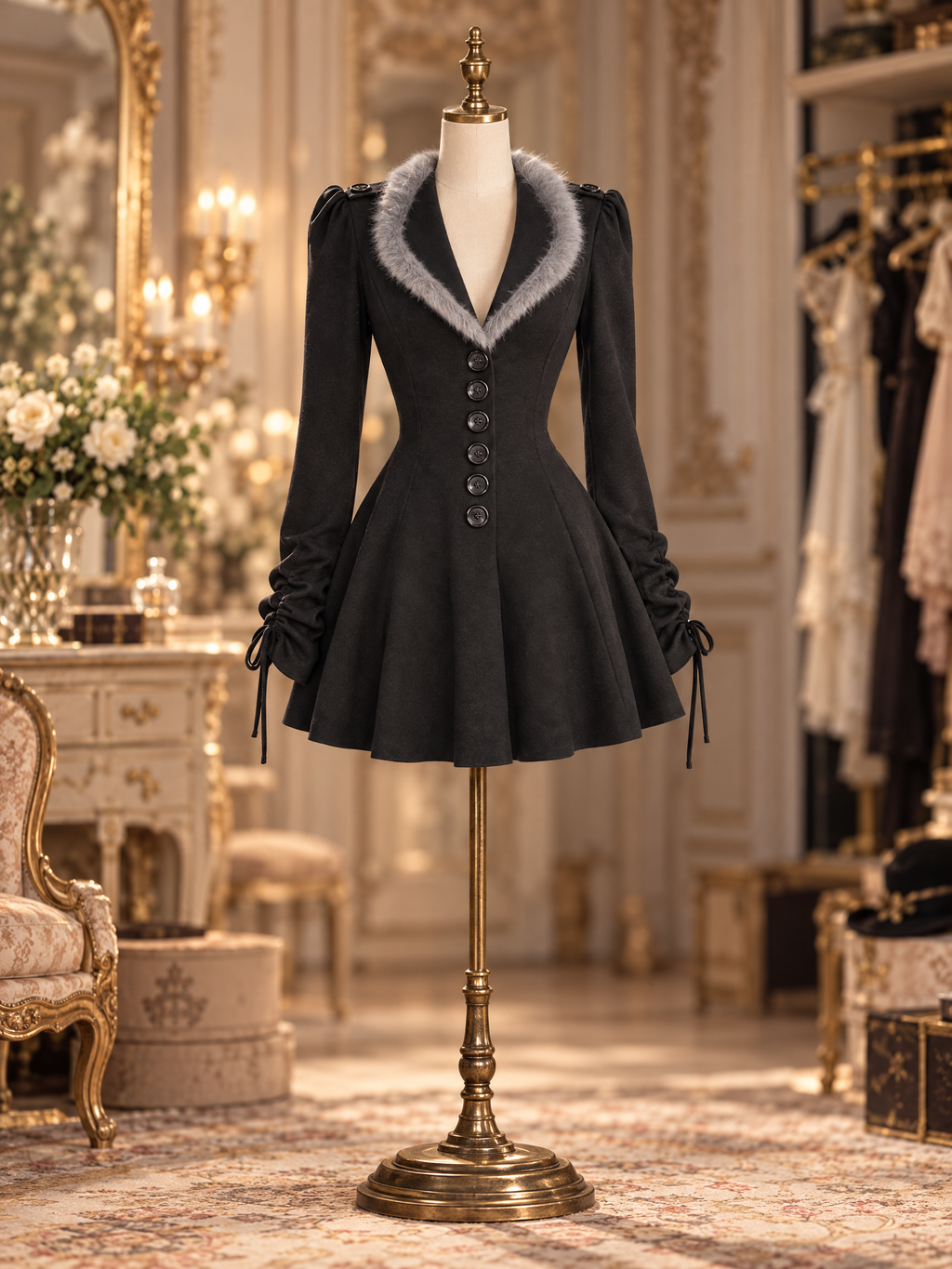 Vintage Black Faux Fur Collar Single Breasted Flared Epaulette Mini Dress