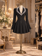 Vintage Black Faux Fur Collar Single Breasted Flared Epaulette Mini Dress